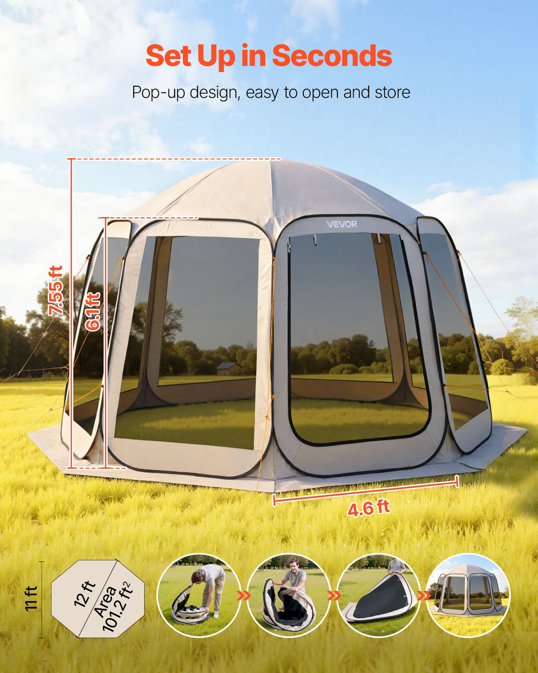 Screen House Tent, 12 X 11 Ft, 10-12 Person Pop Up Screen Tent, Portable Screened In Canopy With Carry Bag, Netting Sides, Ground Stakes, For Garden, Patio, Backyard, Outdoor Activities, Beige
