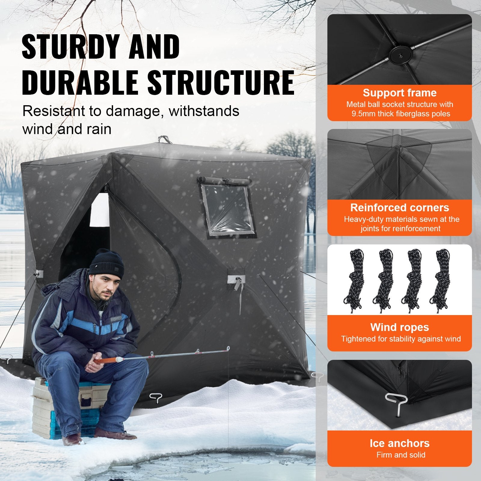 Portable Ice Shelter, 1-2 Person Pop-Up Ice Fishing Tent, 24 Square Feet Fishable Area, Ice Shanty For Winter Fishing, Waterproof Oxford Ice Cube With Anchors/Ropes/Carrying Bag, 60"x60", Black