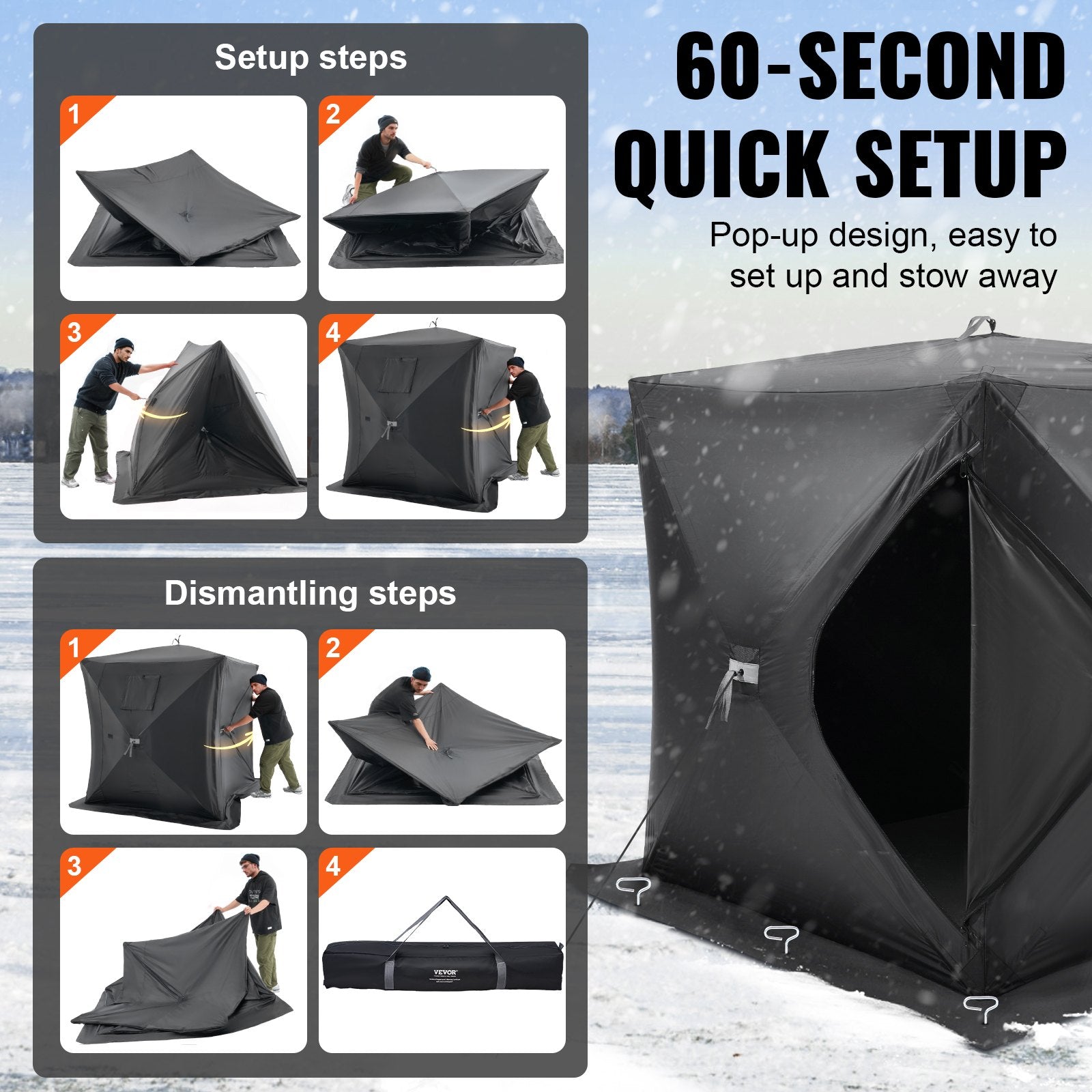 Portable Ice Shelter, 1-2 Person Pop-Up Ice Fishing Tent, 24 Square Feet Fishable Area, Ice Shanty For Winter Fishing, Waterproof Oxford Ice Cube With Anchors/Ropes/Carrying Bag, 60"x60", Black