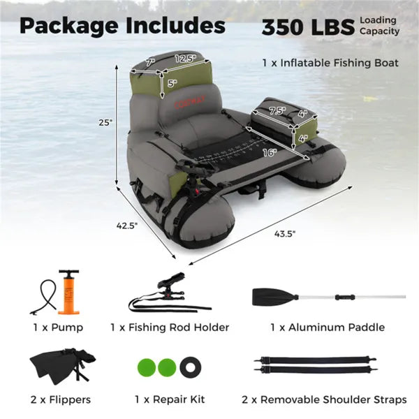 350lbs Inflatable Fishing Float Tube With Rod Holder Fish Ruler