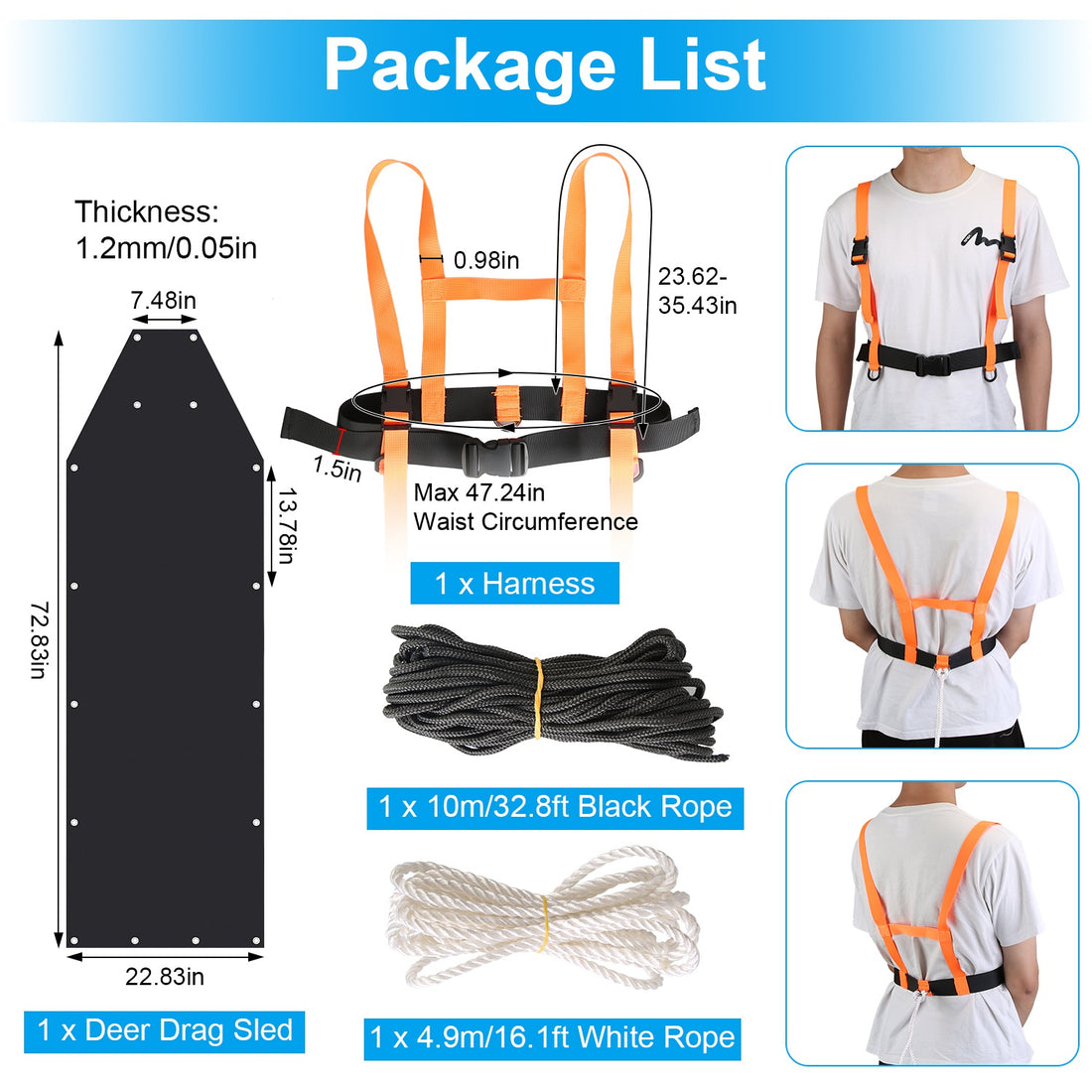 1Pc Deer Drag Sled With Dragging Harness Deer Cart Game Hauler Snow Sledding Pad Hunting Gear Supplies With 32.8FT Black Rope 16.1FT White Rope For Hunting Ice Fishing Hauling Fire Wood