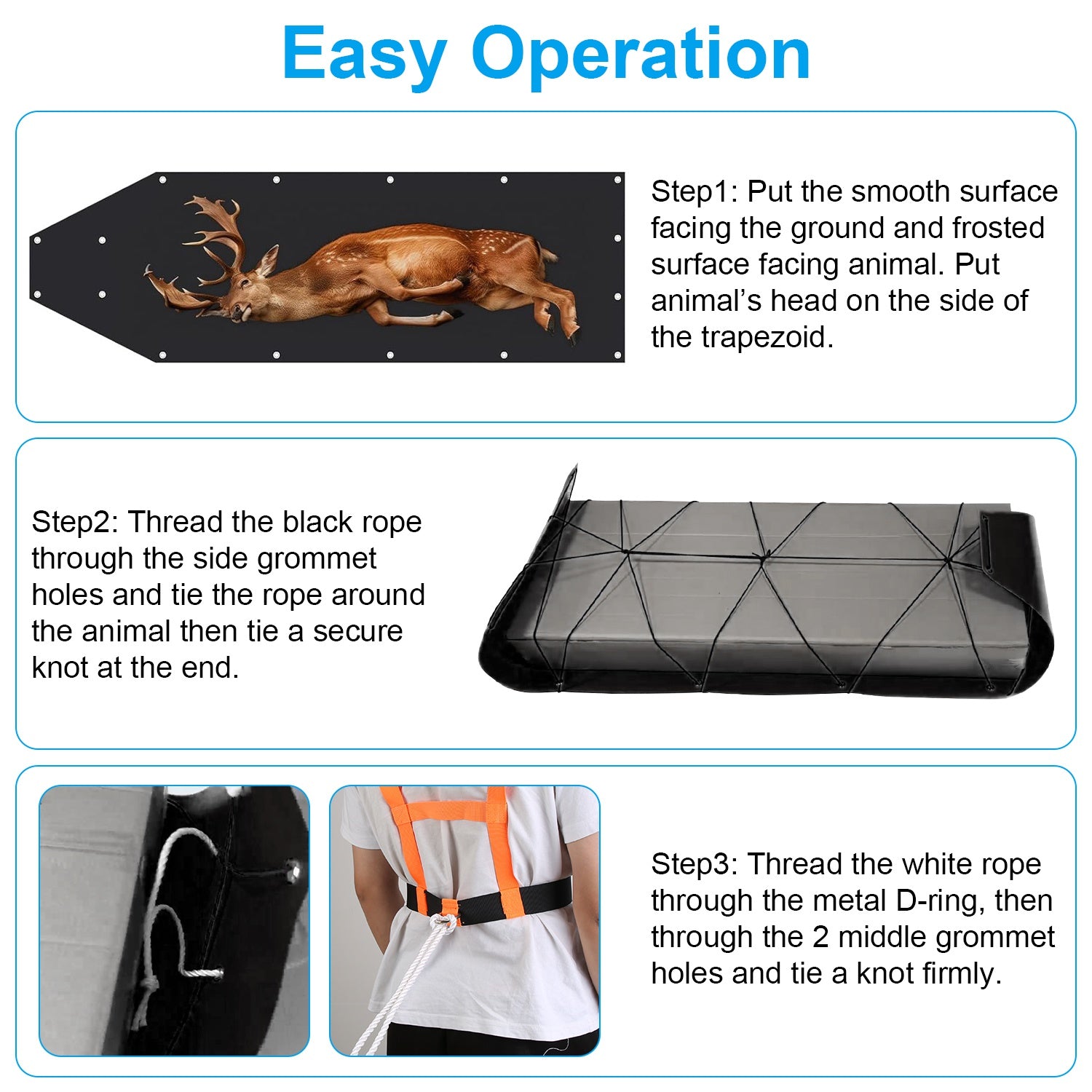 1Pc Deer Drag Sled With Dragging Harness Deer Cart Game Hauler Snow Sledding Pad Hunting Gear Supplies With 32.8FT Black Rope 16.1FT White Rope For Hunting Ice Fishing Hauling Fire Wood