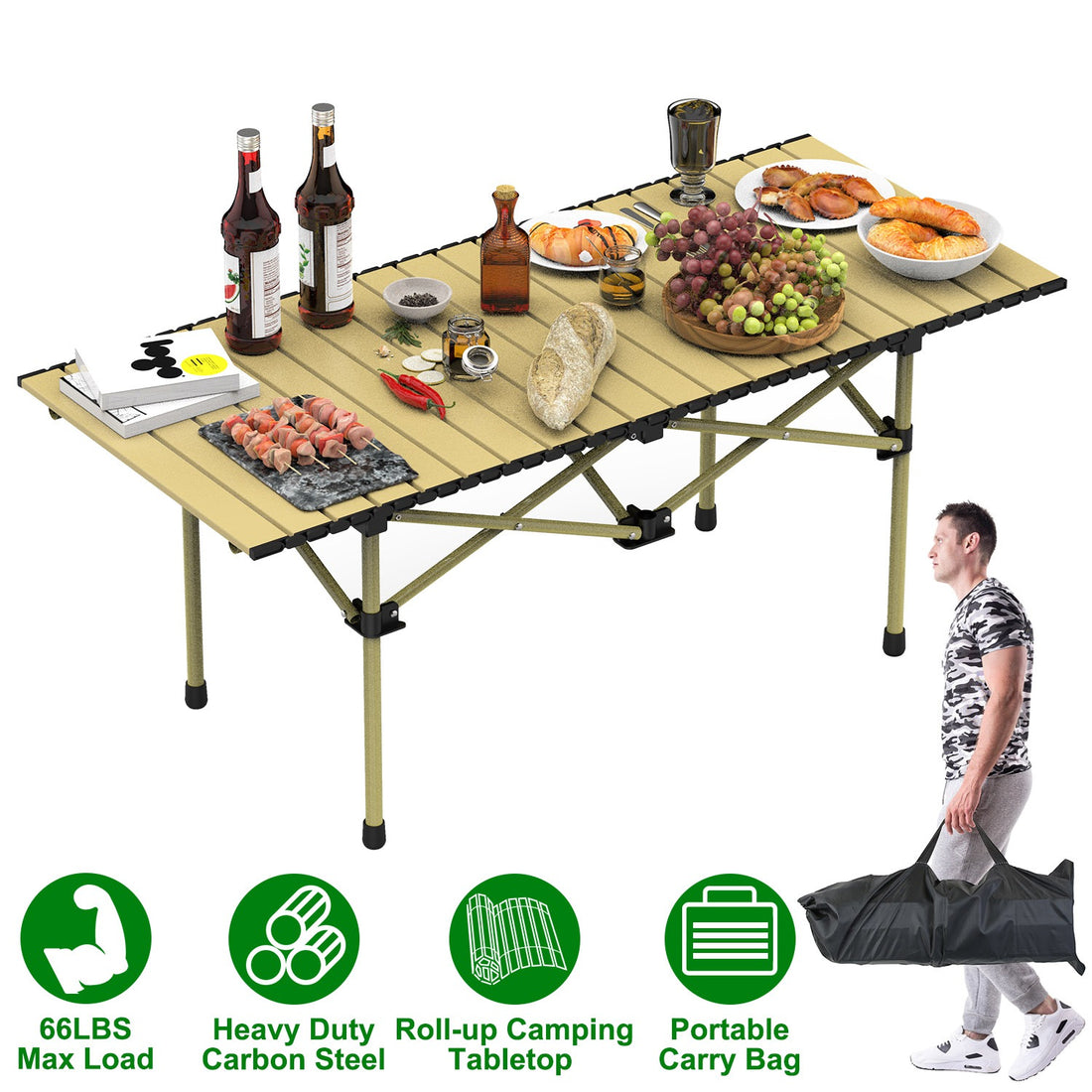 1Pc S Or L Size Options Folding Camping Table Portable Lightweight Carbon Steel Roll-up Picnic BBQ Table With Carry Bag Heavy Duty For Outdoor Beach Backyard Party Patio Camping Hiking BBQ Picnic