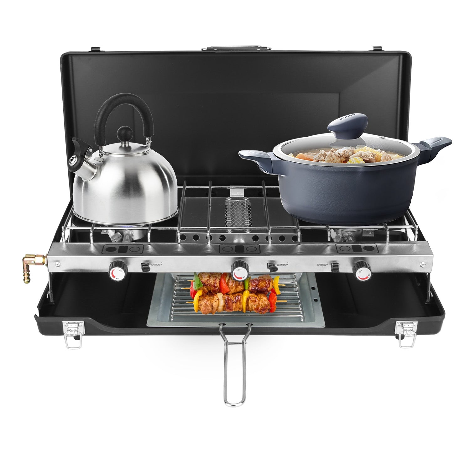 3 Burner Camping Stove 20000 BTU Portable Foldable Propane Stove With Toast Tray Windshield Portable Handle Outdoor Cooking Gas Stove For RV Camping BBQ Picnic