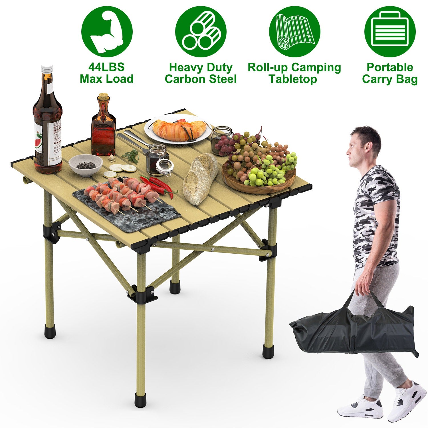 1Pc S Or L Size Options Folding Camping Table Portable Lightweight Carbon Steel Roll-up Picnic BBQ Table With Carry Bag Heavy Duty For Outdoor Beach Backyard Party Patio Camping Hiking BBQ Picnic