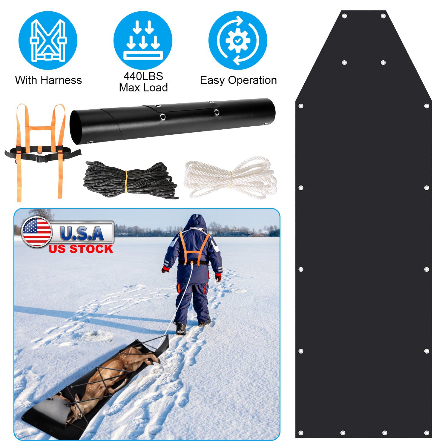 1Pc Deer Drag Sled With Dragging Harness Deer Cart Game Hauler Snow Sledding Pad Hunting Gear Supplies With 32.8FT Black Rope 16.1FT White Rope For Hunting Ice Fishing Hauling Fire Wood