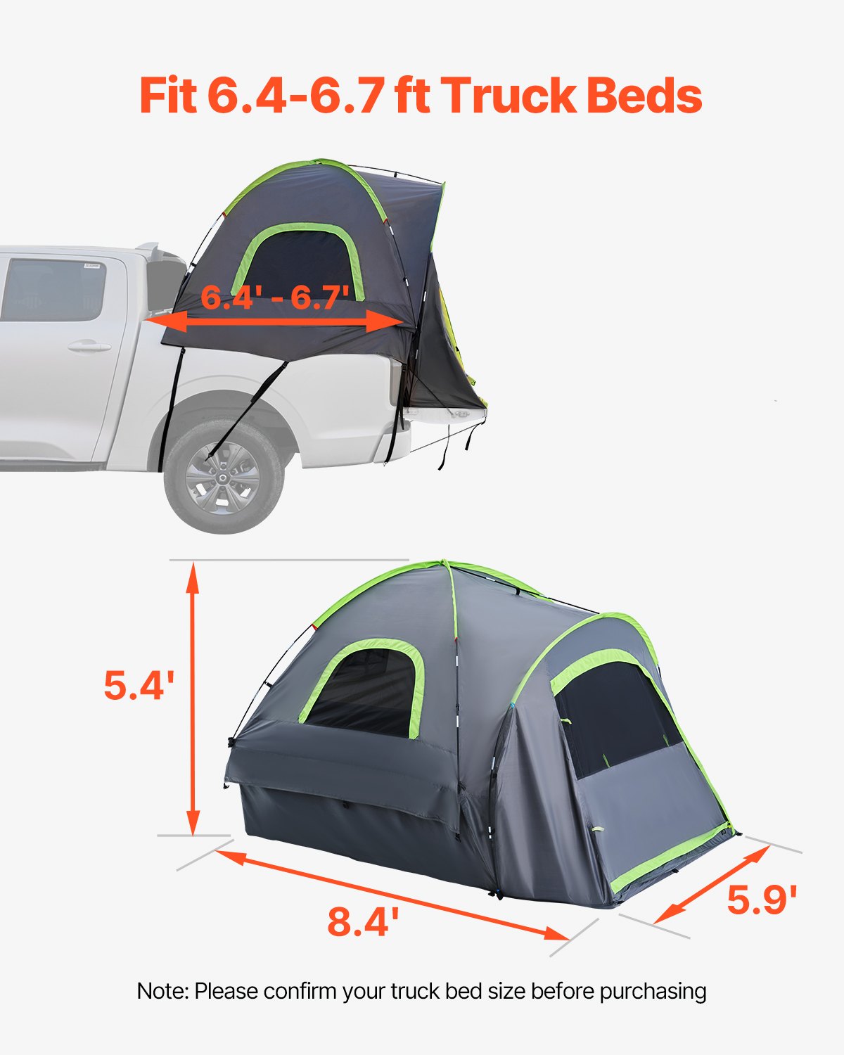 Pickup Truck Tent, Fit 6.4-6.7 Ft Truck Tents For Camping, Waterproof PU2000 2-3 Person Sleeping Truck Bed Tent With Double Layer Design Windows, Sturdy Truck Bed Camper Shell With Storage Bag